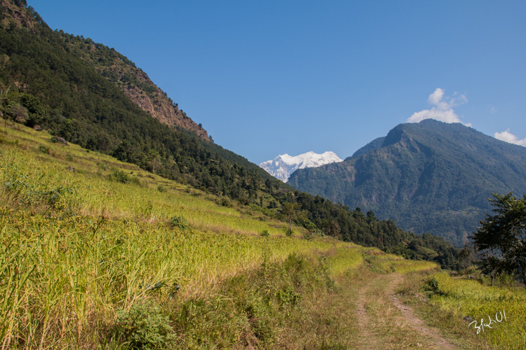 Mountain peeping in between the hills on a road to Khudi.